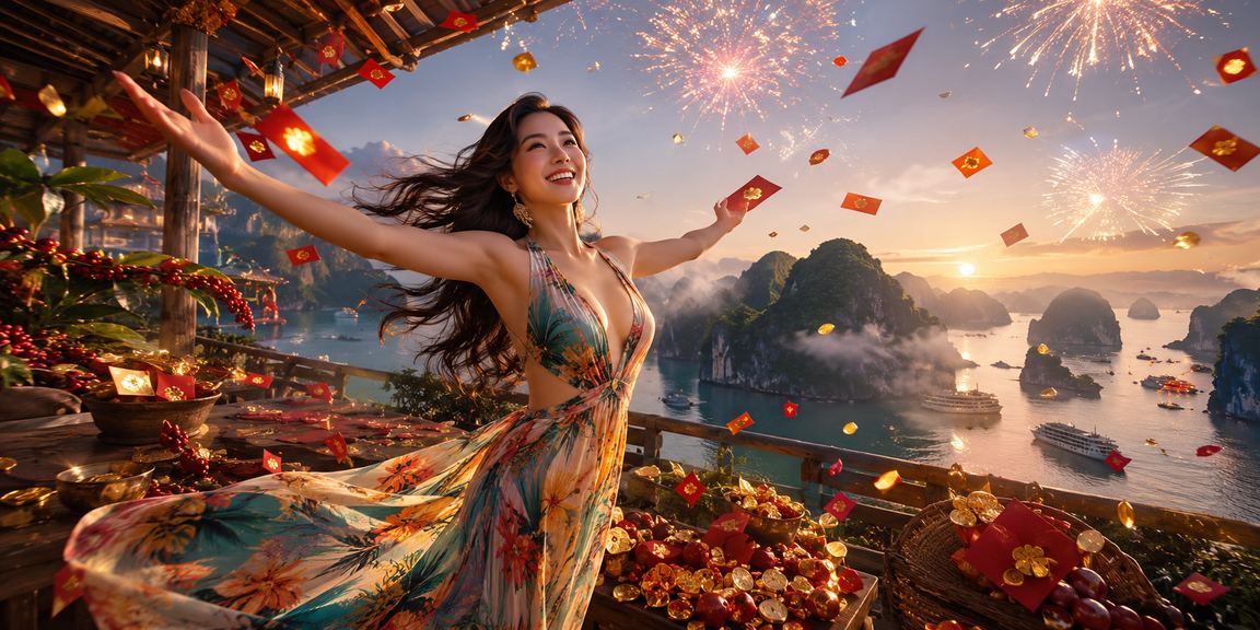 Vịnh Hạ Long với phong bao đỏ minh họa giao dịch dịp khuyến mãi