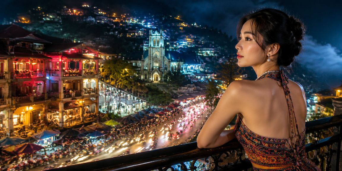 Ánh đèn Sa Pa minh họa trung tâm hỗ trợ trực tuyến ban đêm